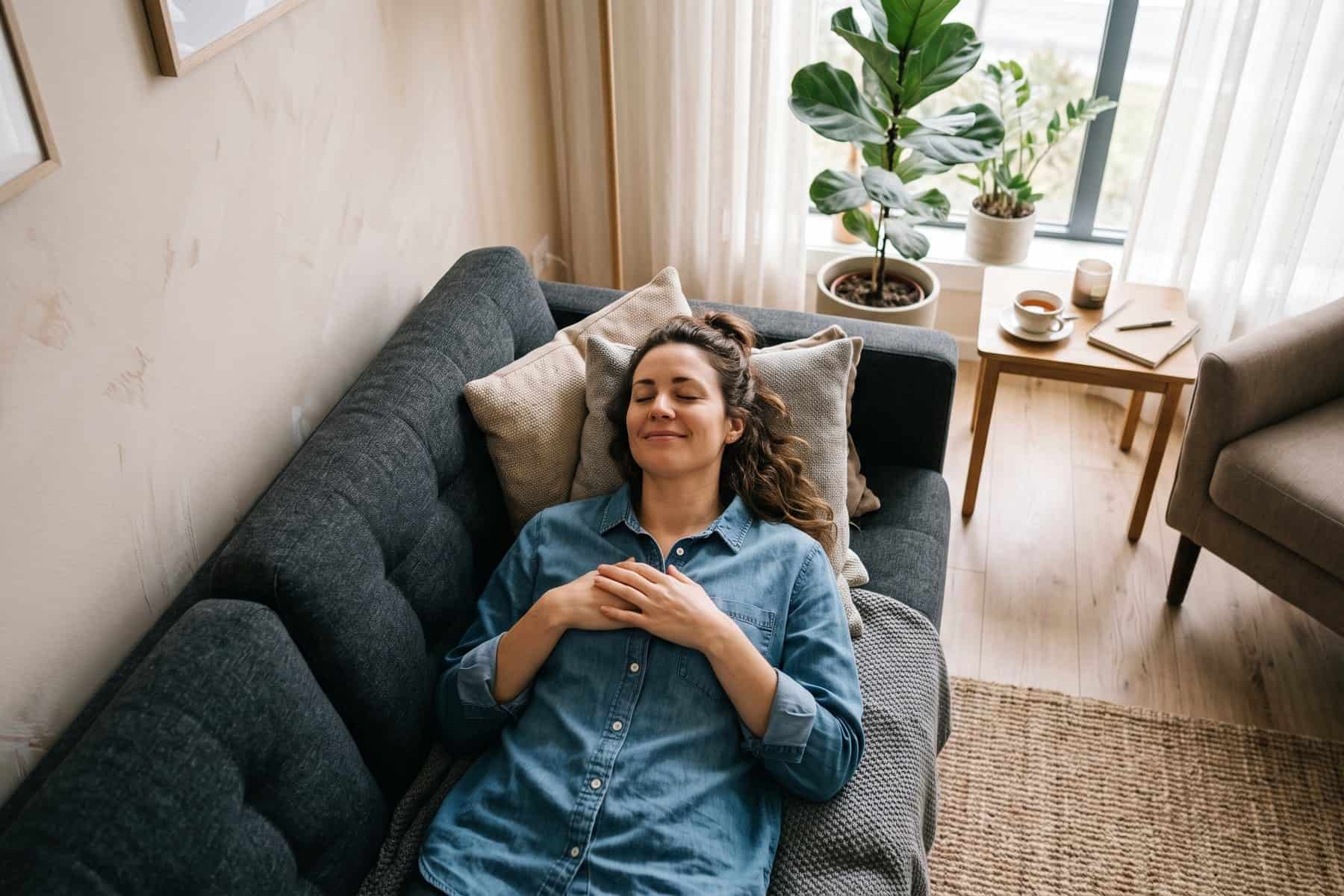 Client lying back and relaxing during a hypnotherapy session